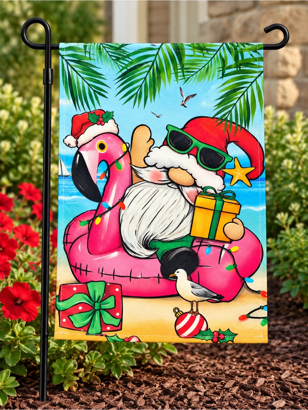 Tropical Christmas Flamingo Santa Gnome Garden Flag - NWOP